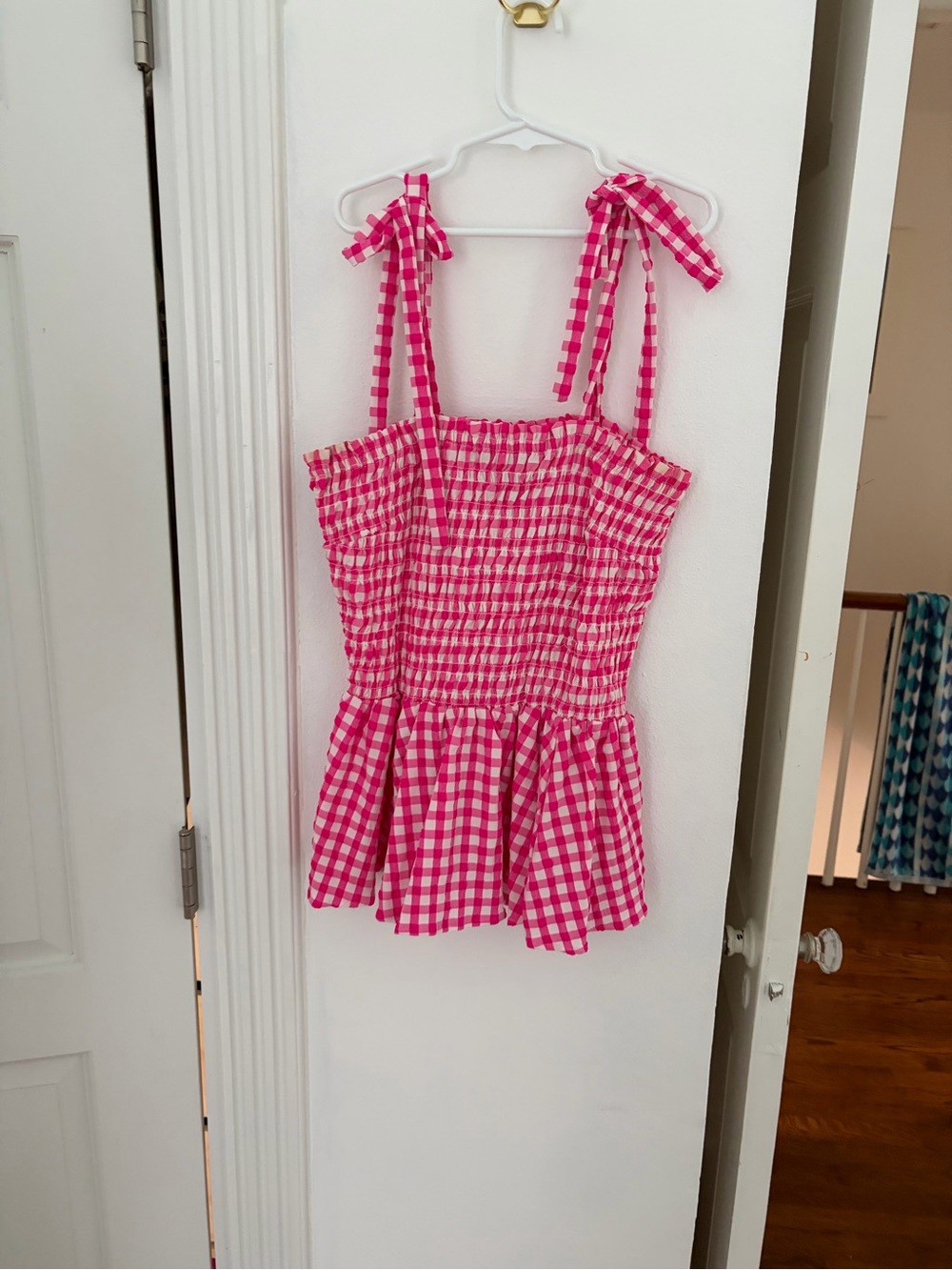 Angie Pink Gingham Tie-Shoulder Smocked Peplum Top
